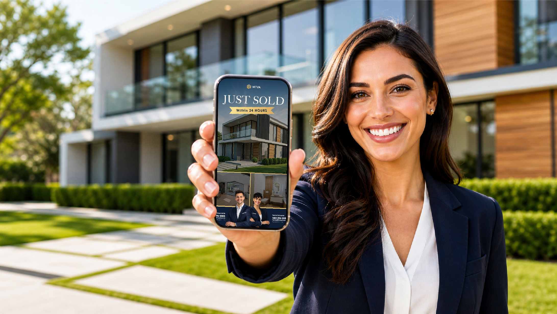 Agent showing a Just Sold listing on her phone